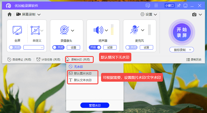设置视频水印：无水印/图片水印/文字水印